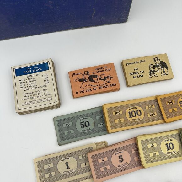 Vintage 1940s Monopoly Original Board Game Wooden Pieces Money Cards Rules - Picture 13 of 16
